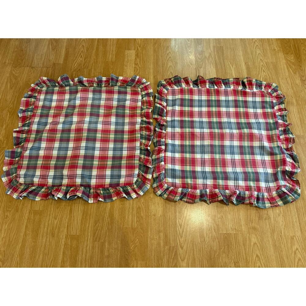 Vintage 90s Ralph Lauren Sundeck Plaid Euro Ruffled Pillow Shams 26" x 26"
